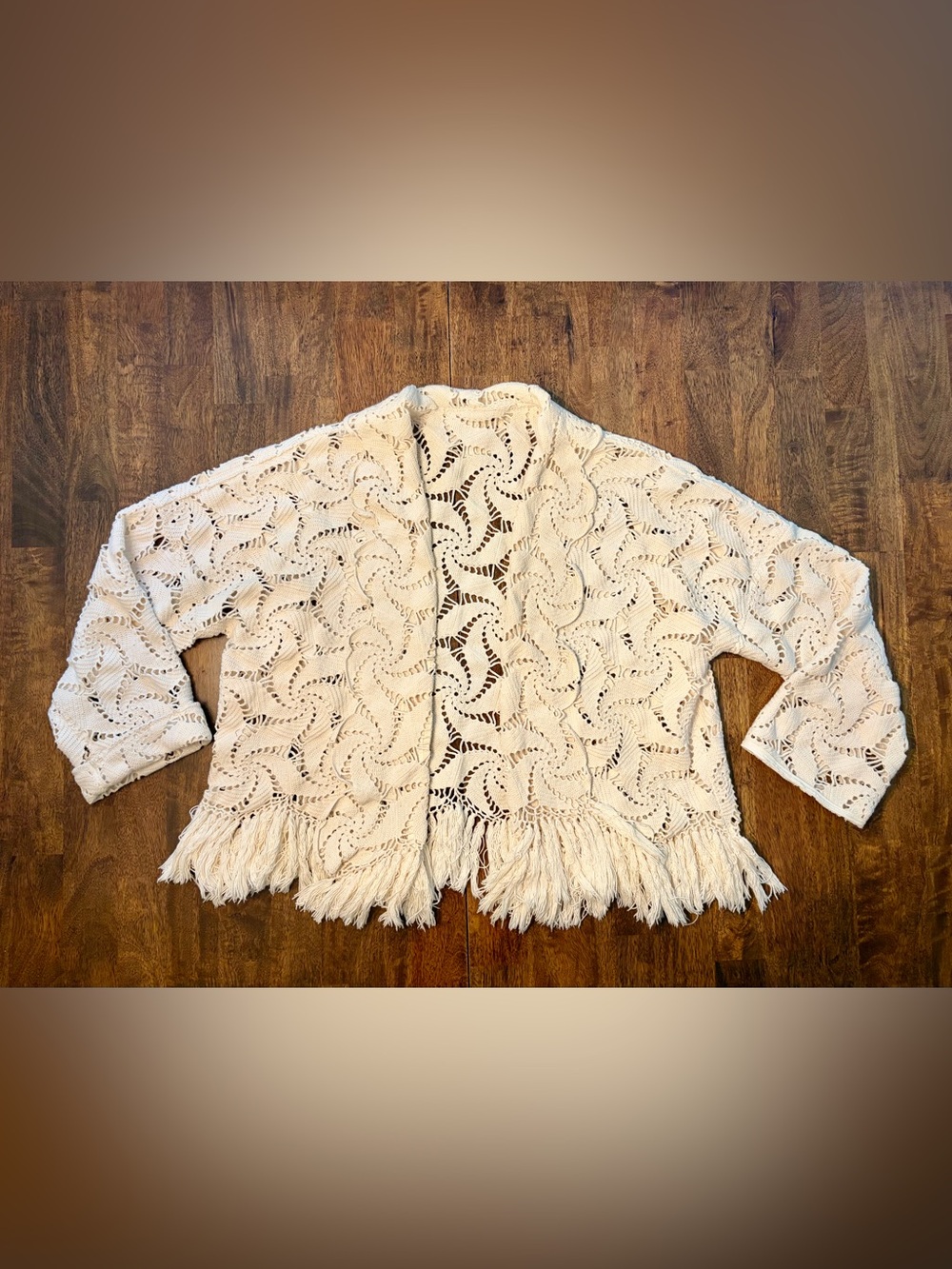 Handmade Open-Front Crochet Fringe Cardigan in Cream